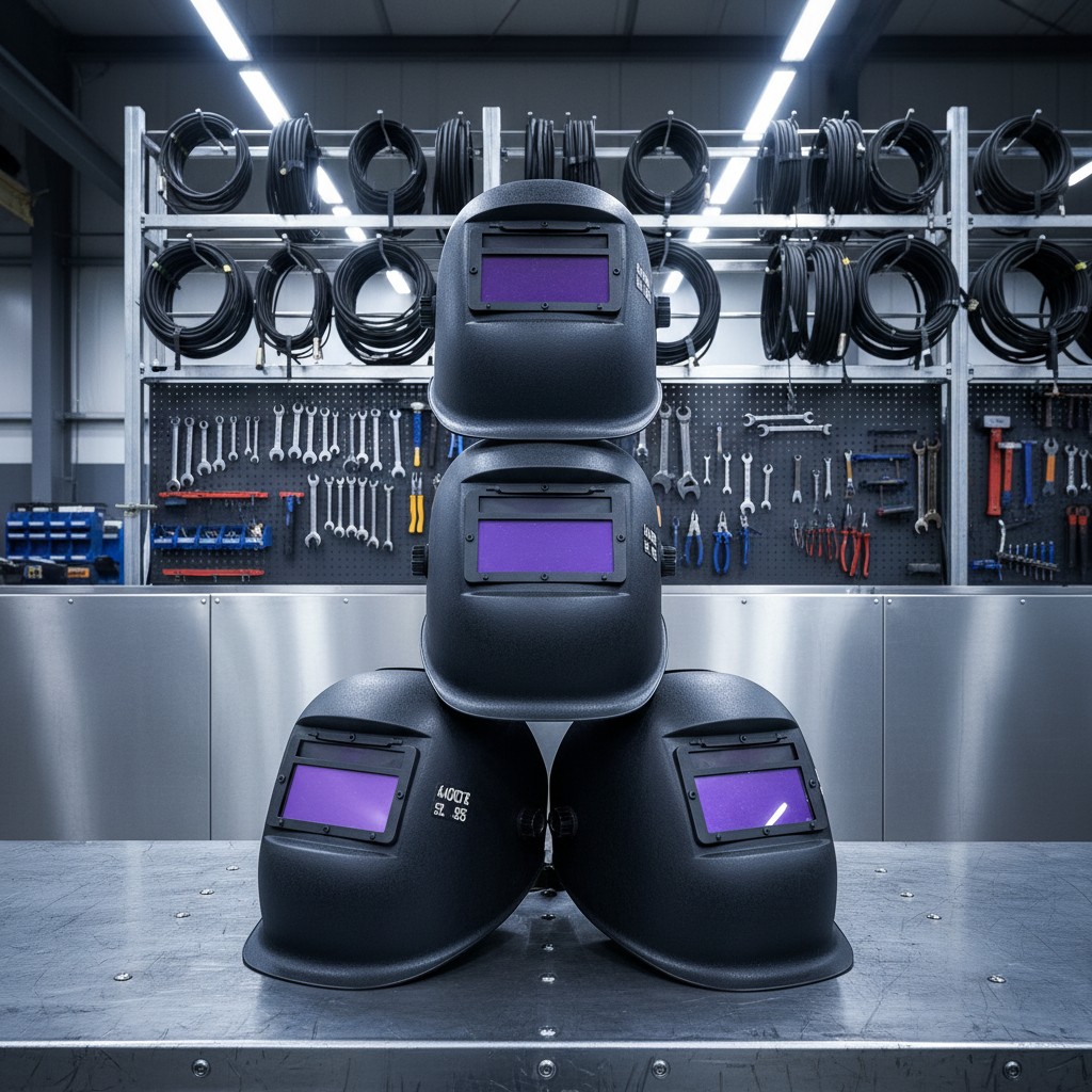 Welding masks stacked and ready to use in a workshop.